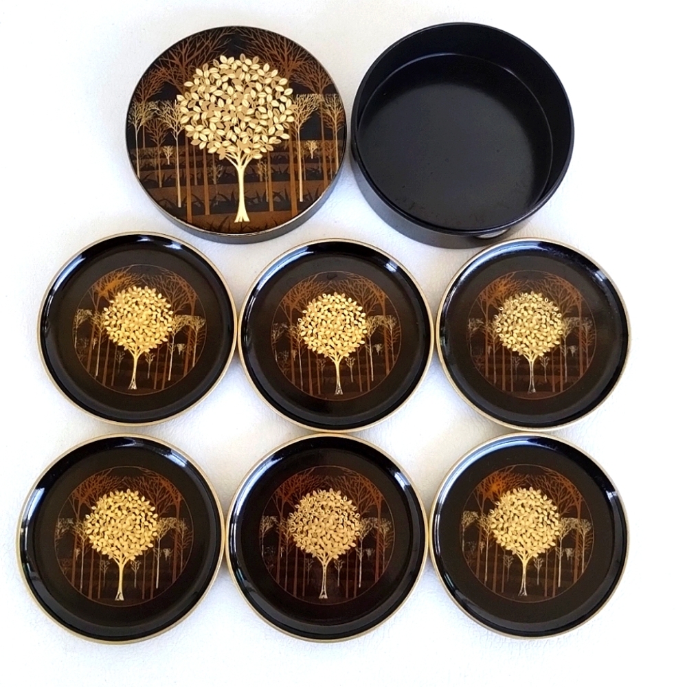 Vintage Black Gold Lacquerware Coaster Set Tree Of Life 7 Piece Set AS IS READ